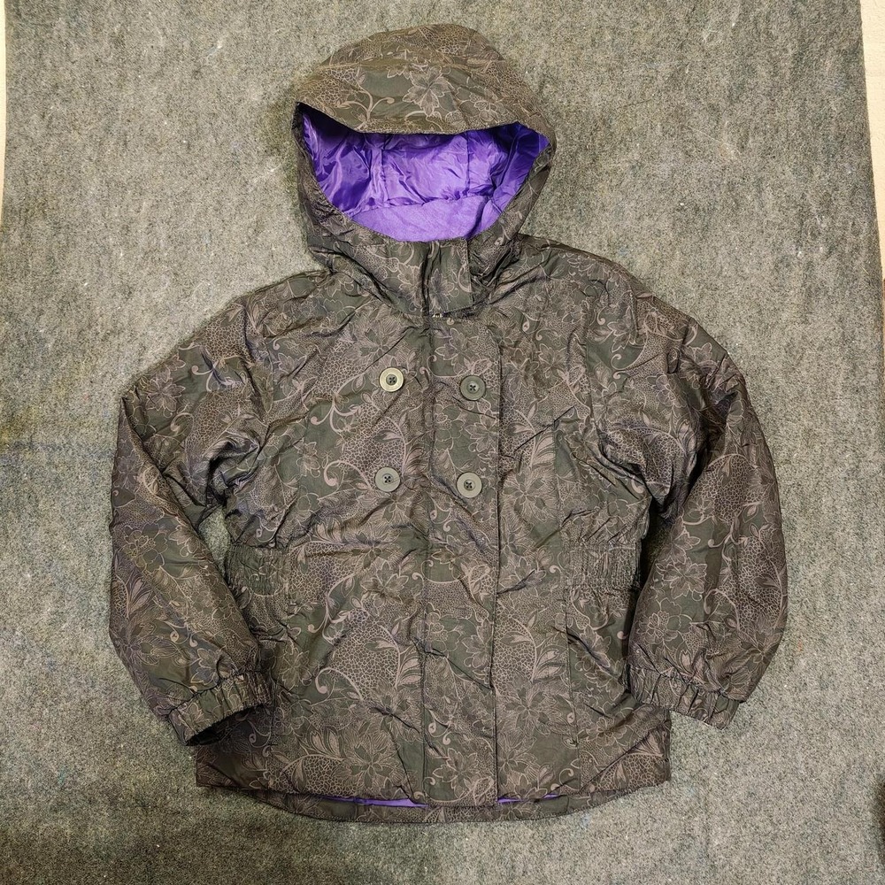 Cherokee Green Floral Puffer Jacket Purple Lining Hooded Size M 7/8